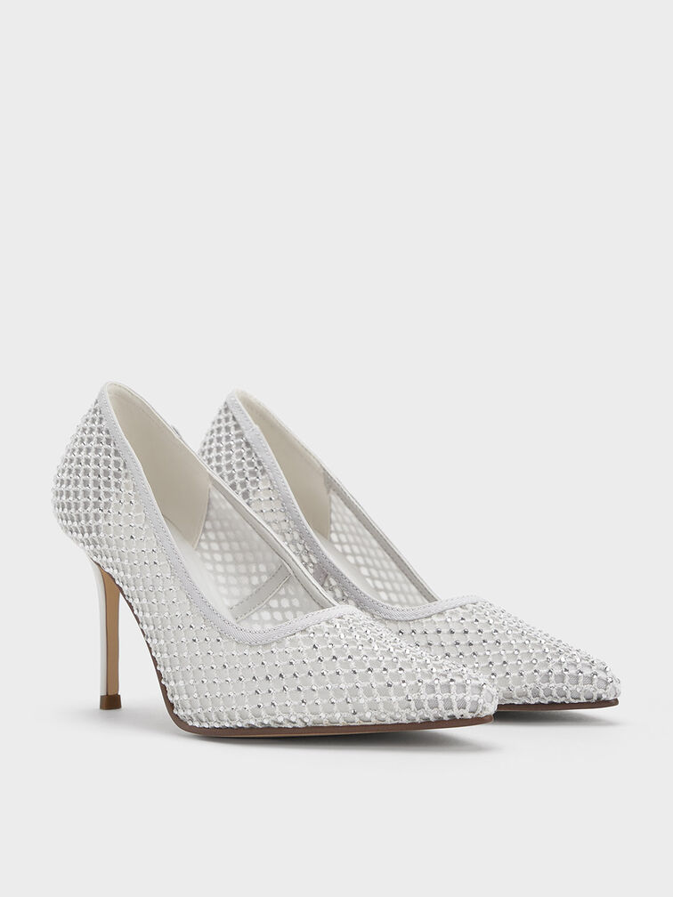 Mesh Crystal-Embellished Pointed-Toe Pumps, White, hi-res