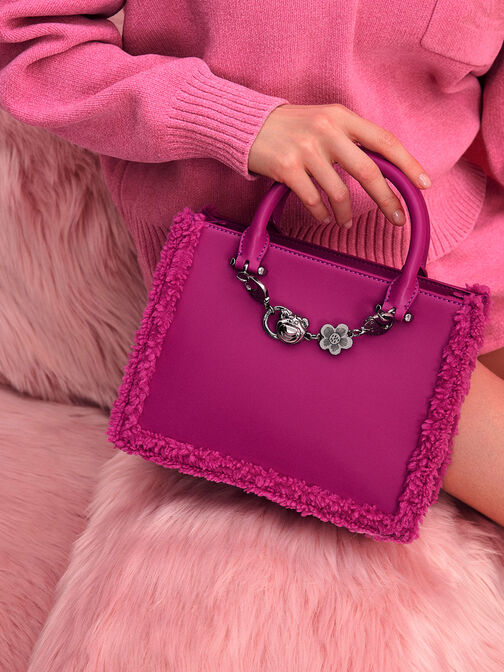 Lotso Fur-Trim Tote Bag, Fuchsia, hi-res