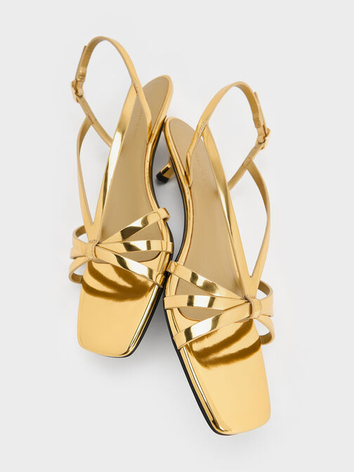Sandalias metalizadas con tiras y tacón kitten, Dorado, hi-res