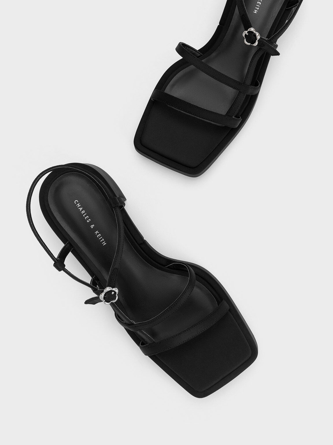 Flower-Buckle Strappy Sandals, Black, hi-res