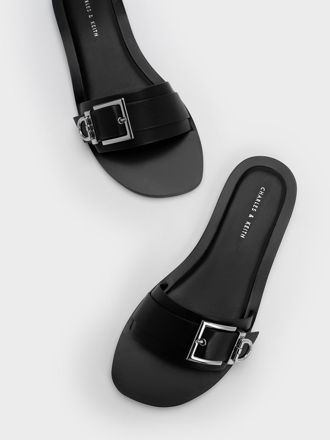 金屬方釦平底拖鞋, 黑色, hi-res