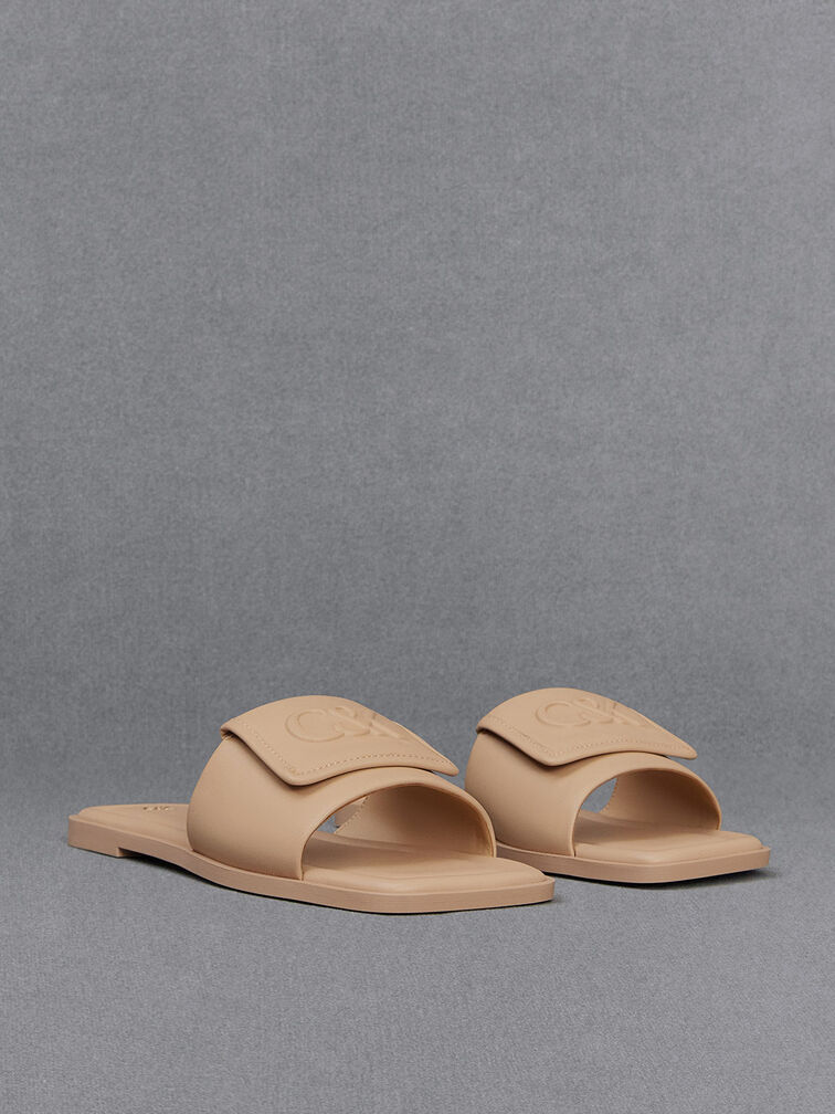 Nude Leather Slide Sandals - CHARLES & KEITH SG