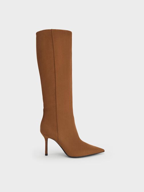 Faux Suede Pointed-Toe Stiletto-Heel Knee-High Boots, Cognac, hi-res