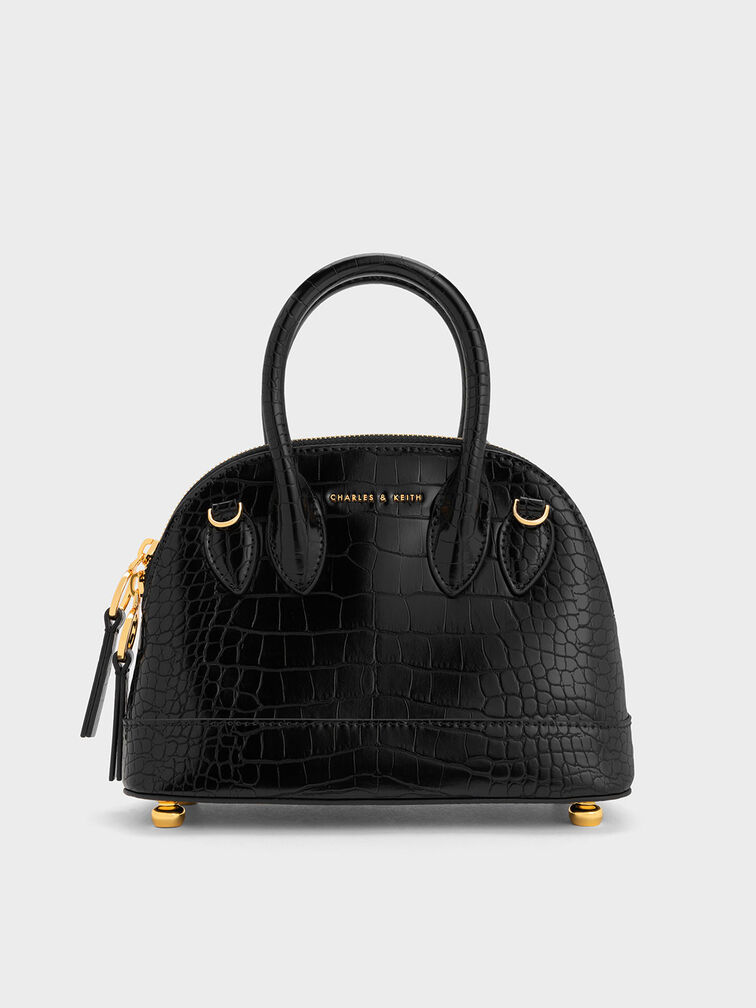 Harmonee Croc-Embossed Bowling Bag, Black, hi-res
