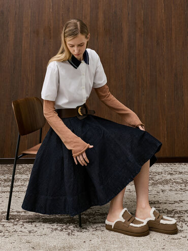 Recycled-Fur Flatform Mules, Brown, hi-res