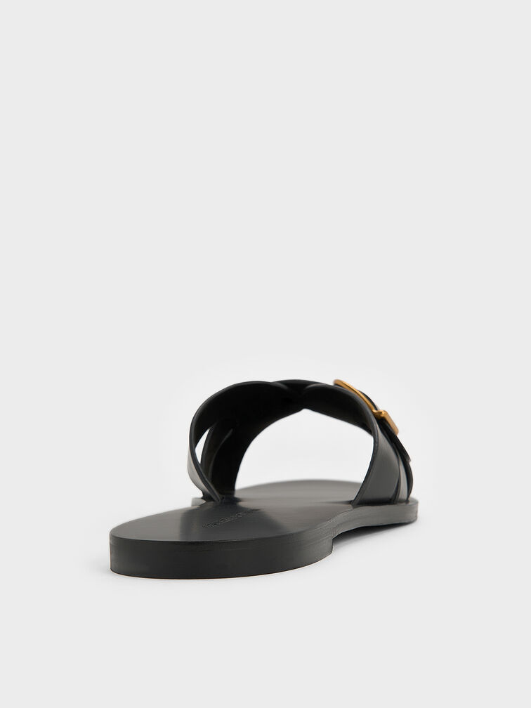 Belted Slide Sandals, Black, hi-res