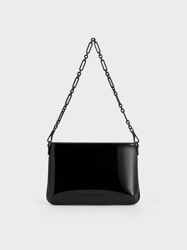 Patent Chain-Handle Shoulder Bag, Jet Black, hi-res