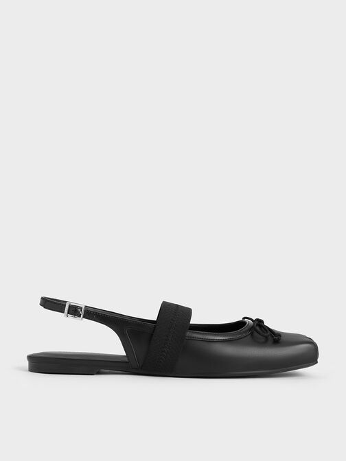 Satin Bow Slingback Flats, Black, hi-res