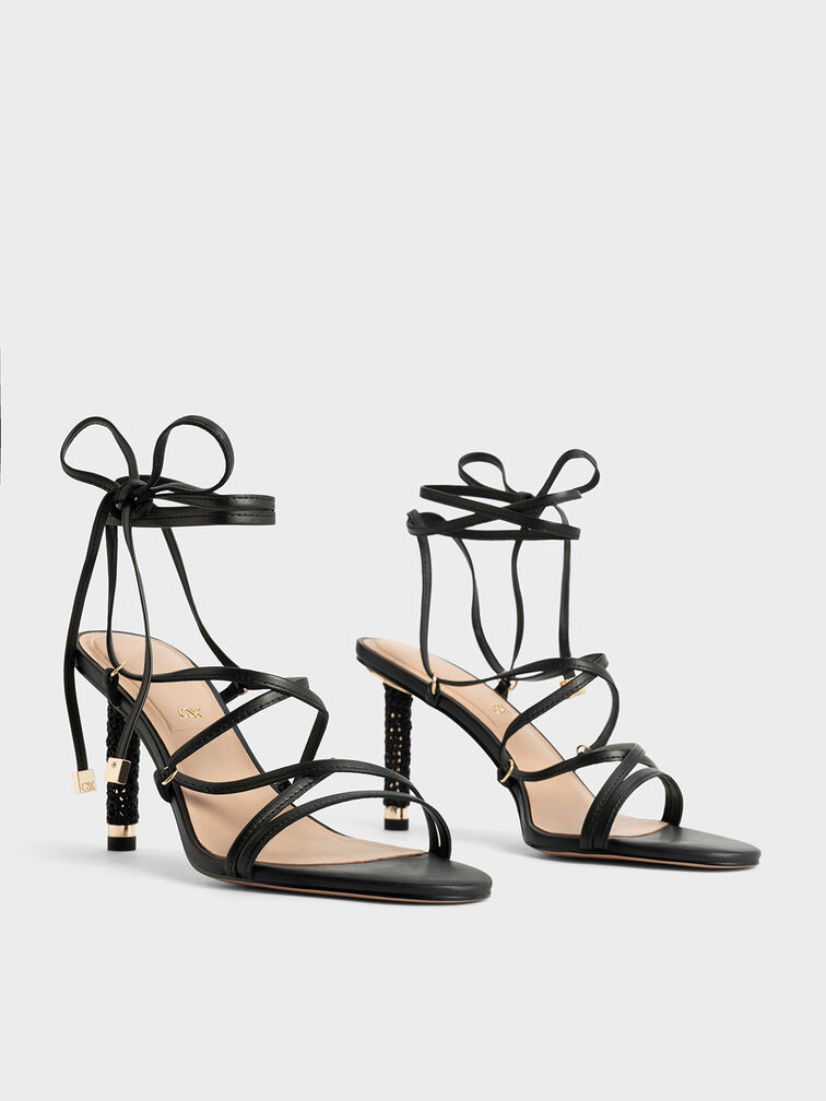 Strappy Woven-Heel Tie-Around Sandals, Black, hi-res