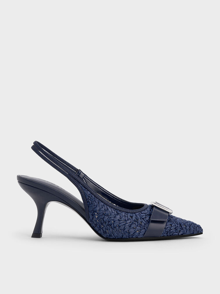 Raffia Buckled Pointed-Toe Slingback Pumps, Dark Blue, hi-res