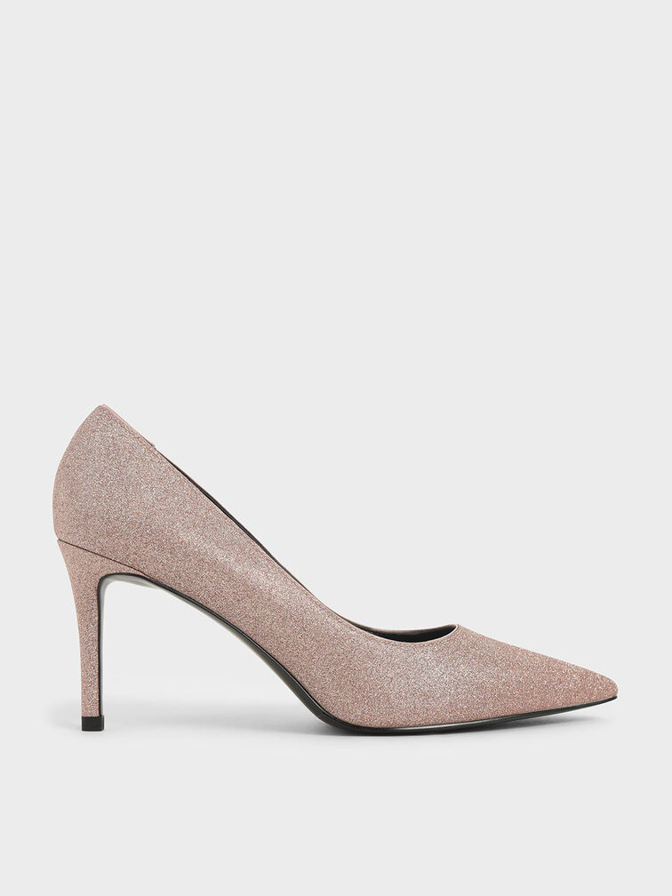 Glitter Pointed Toe Court Shoes, Pink, hi-res