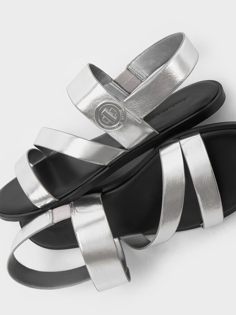 Yara Metallic Turn Lock Strappy Sandals, Silver, hi-res