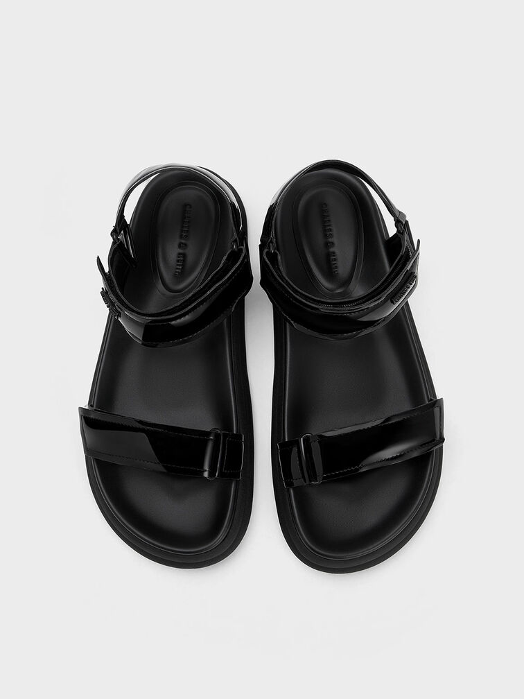 Patent Strappy Sports Sandals, Black Patent, hi-res
