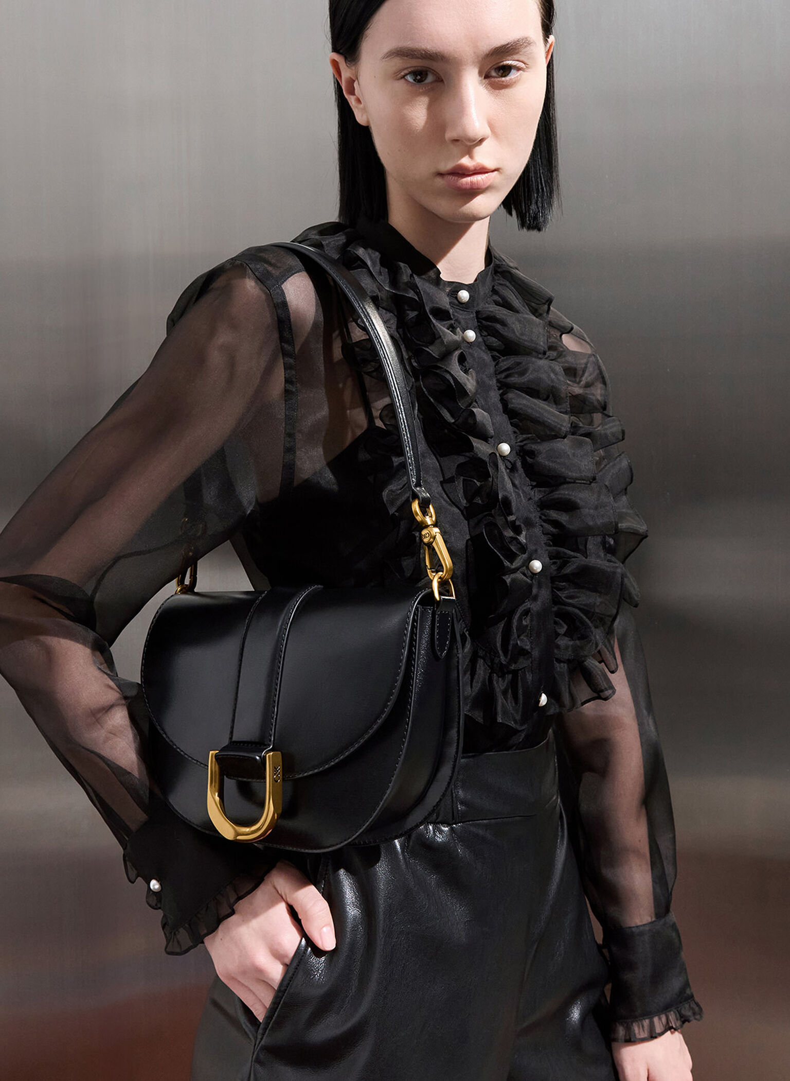 Gabine Leather Saddle Bag, Black, hi-res