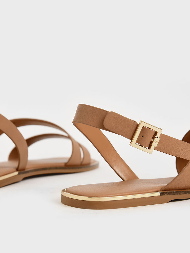 Asymmetric Strap Slingback Flats, Caramel, hi-res