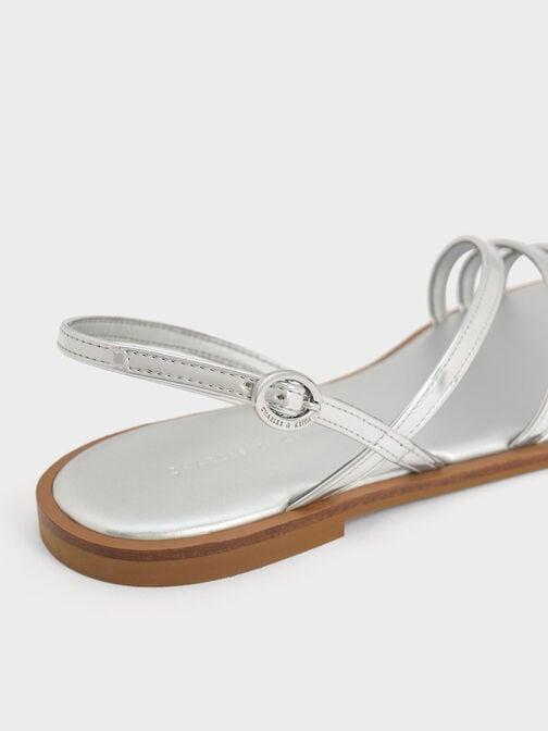 Metallic Asymmetric Triple-Strap Sandals, Silver, hi-res