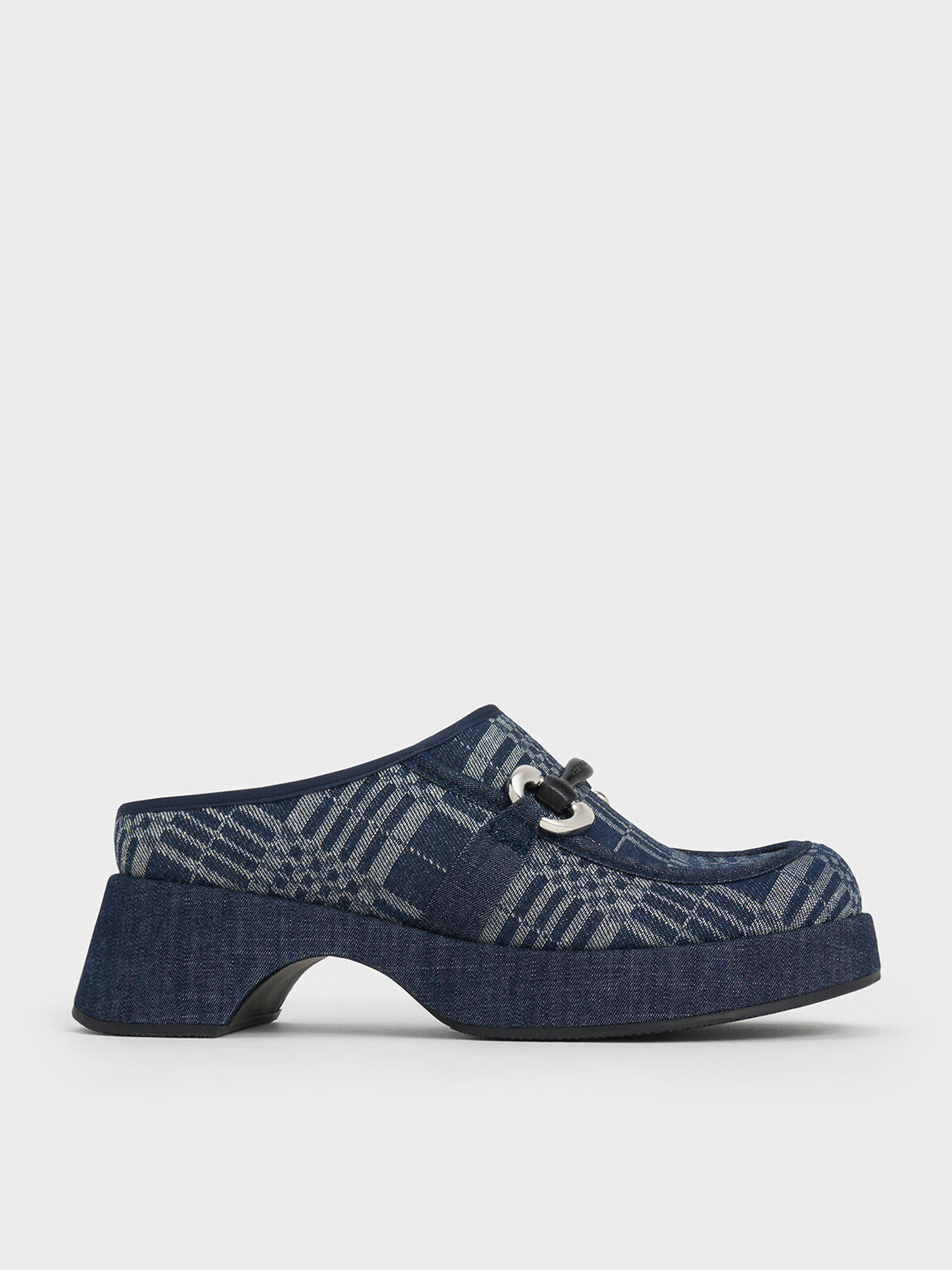 Dark Blue Denim Plaid Metallic Accent Platform Mules CHARLES