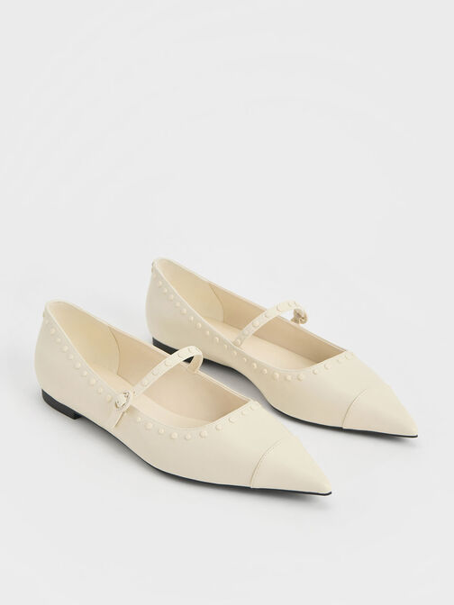 Studded Pointed-Toe Mary Jane Flats, Chalk, hi-res