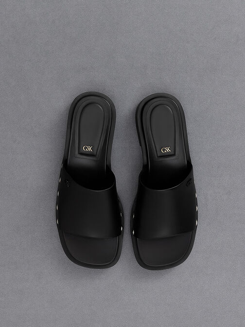 Sandalias slip-on de cuero son estoperoles, Negro, hi-res