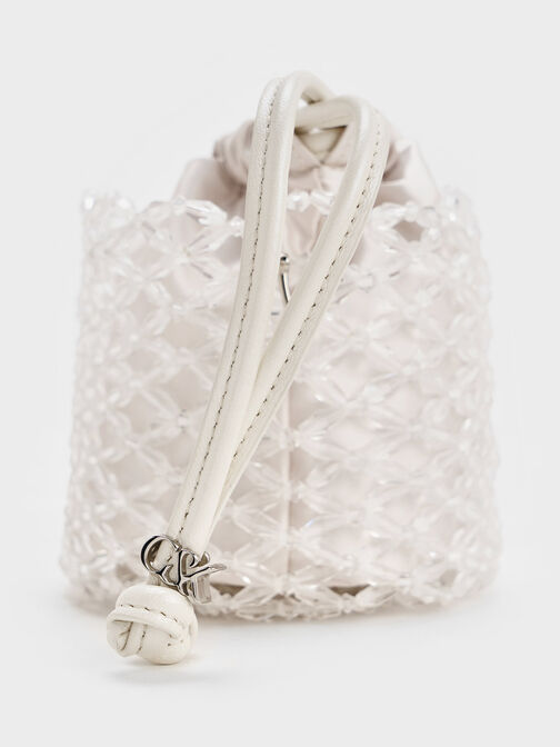 Bolso bombonera con asa de cadena y cuentas, Blanco, hi-res