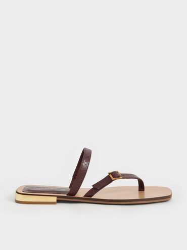 Snake-Print Asymmetric Strap Thong Sandals, Animal Print Brown, hi-res