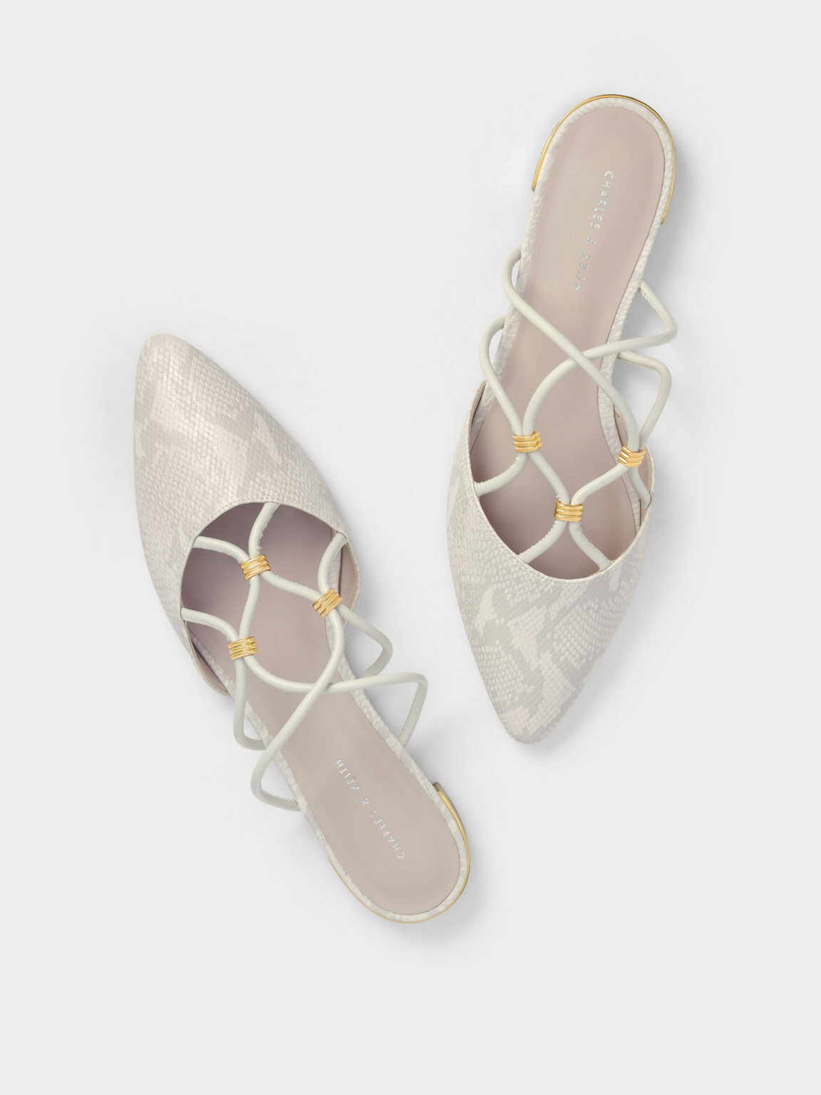 Snake-Print Strappy Flat Mules, Animal Print White, hi-res
