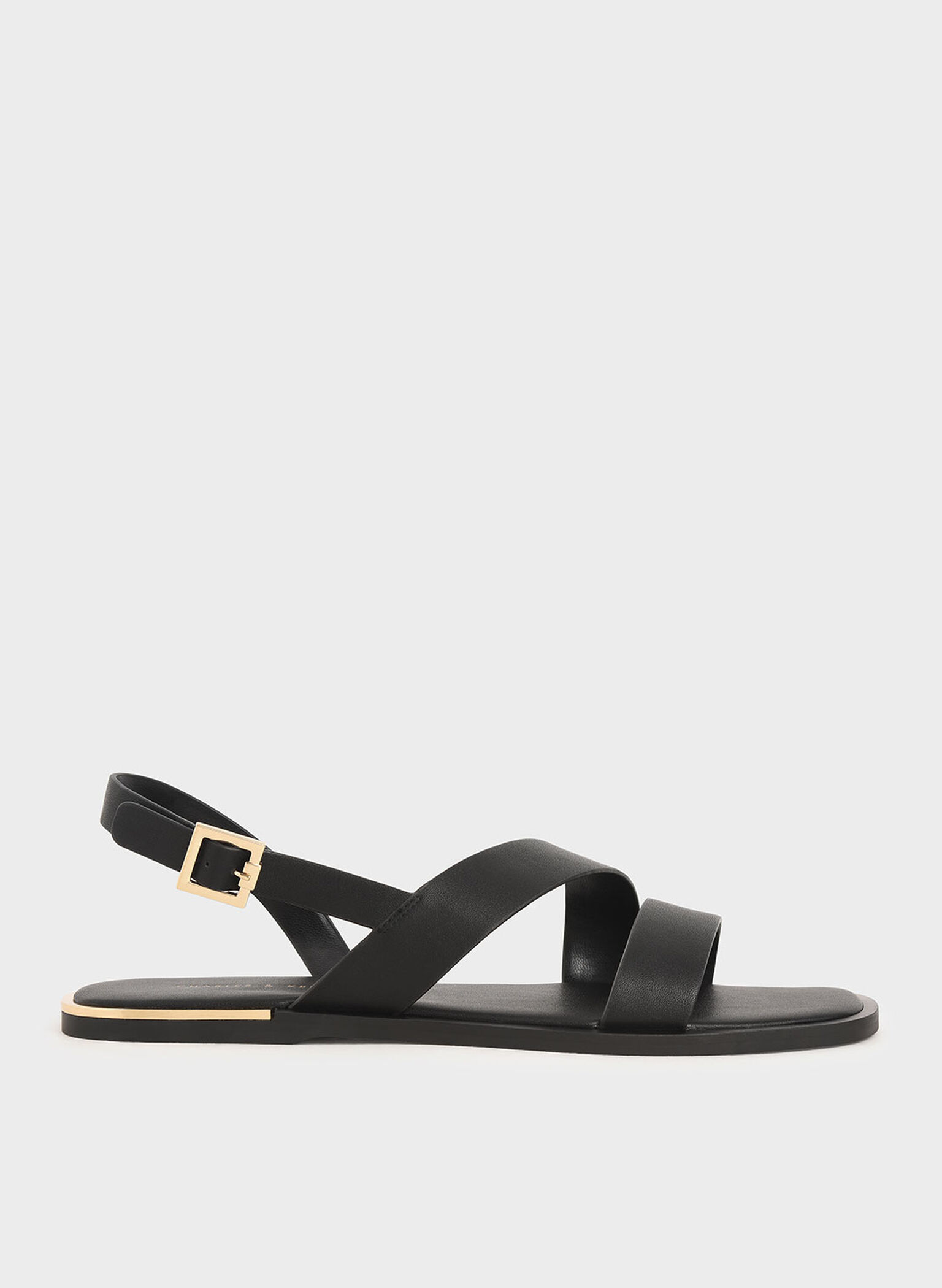 Black Asymmetric Strap Slingback Flats - CHARLES & KEITH SG