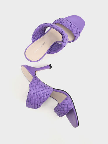 Double Strap Woven Heeled Mules, Purple, hi-res