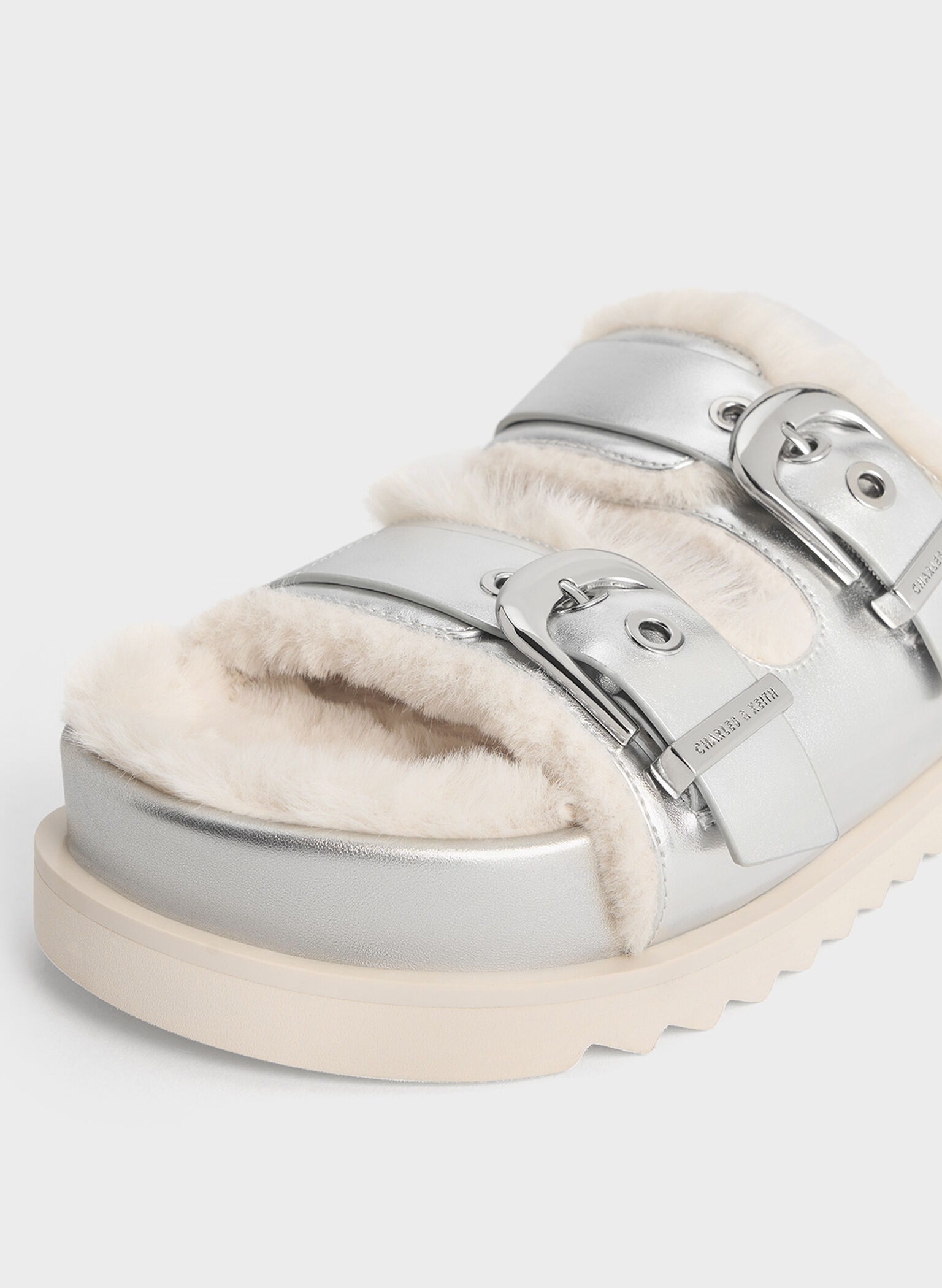 Hannah Metallic Furry Buckled Double-Strap Sandals, Silver, hi-res