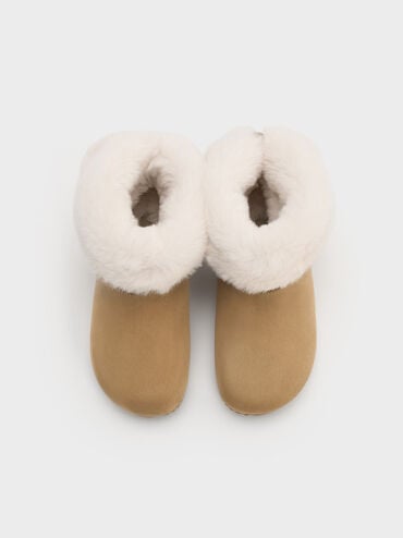 Girls' Faux Suede & Faux Fur Foldover Ankle Boots, Sand, hi-res
