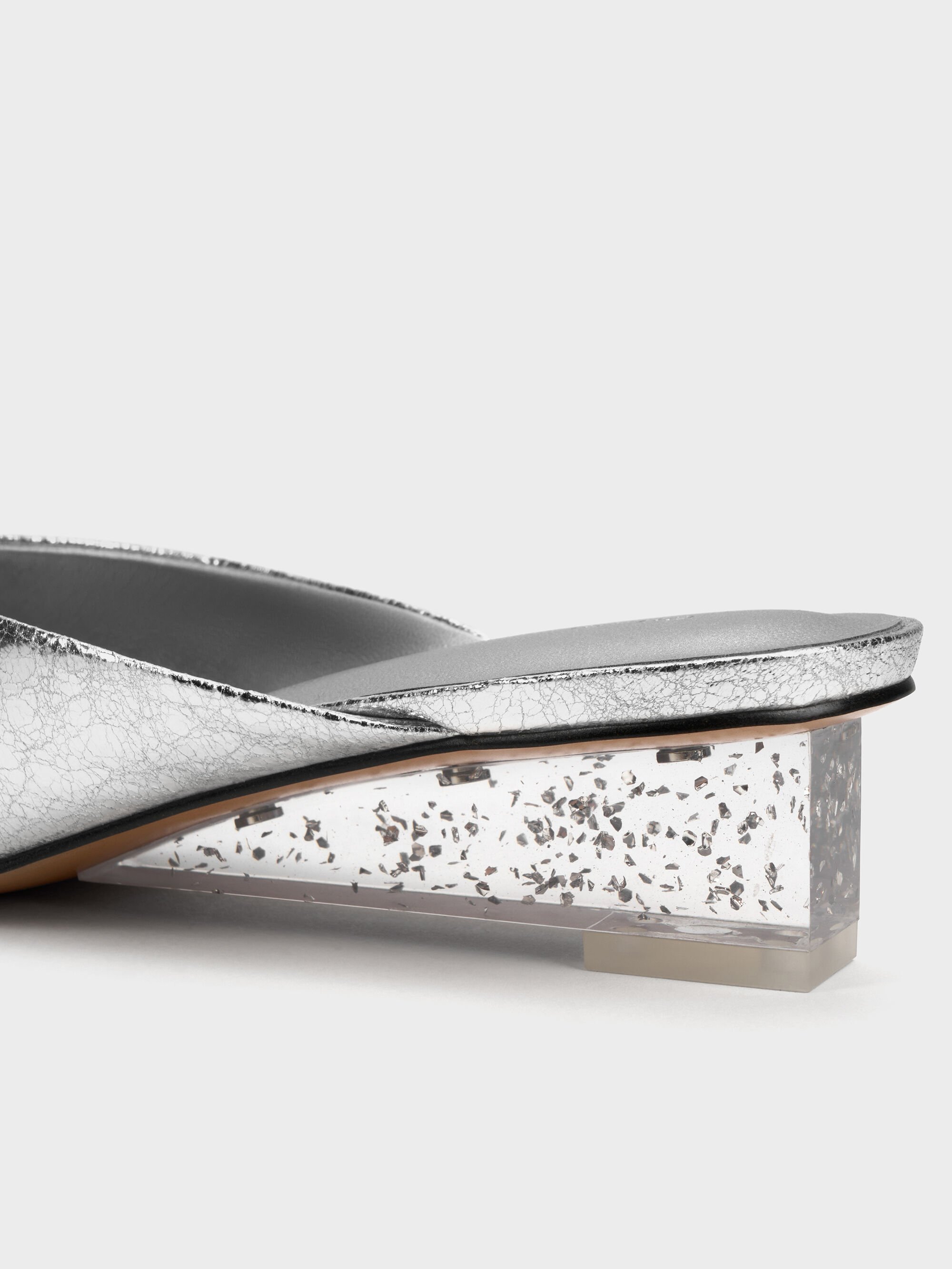 Silver Metallic Crinkle-Effect Speckled-Heel Wedge Mules​ - Silver