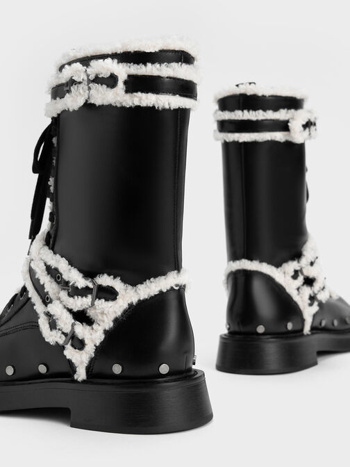 Fur-Trim Studded & Buckled Combat Boots, Black Textured, hi-res