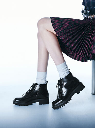 Ridged-Sole Side-Zip Combat Boots, Black Box, hi-res
