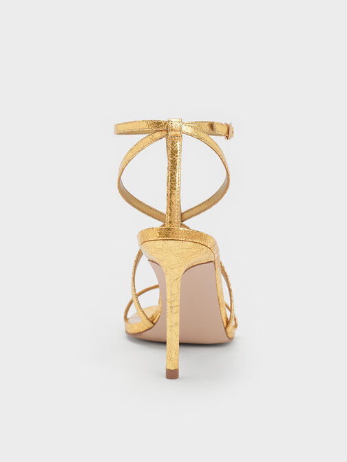Metallic Crinkle-Effect Strappy Stiletto-Heel Sandals, Gold, hi-res
