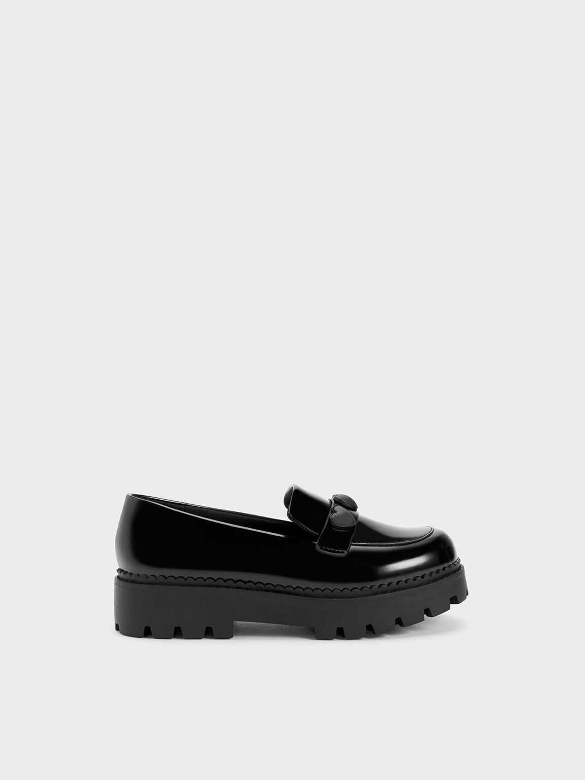 Girls' Heart-Motif Penny Loafers, Black, hi-res