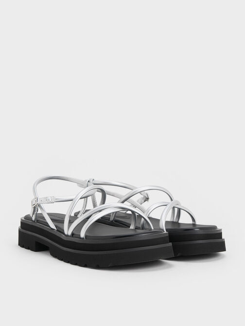 Tubular Strap Sandals, Silver, hi-res