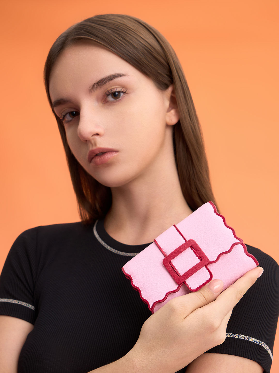 Waverly Scallop-Trim Wallet, Pink, hi-res