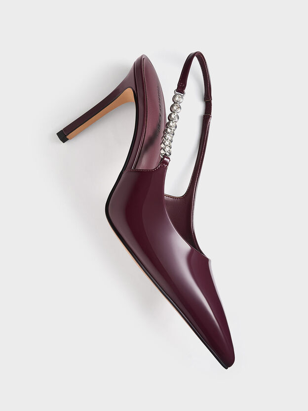 Zapatos de tac&oacute;n slingback Flores con tiras de charol y piedras preciosas, Burdeos, hi-res