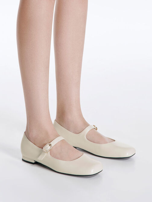 Pearl-Buckle Mary Janes, Cream, hi-res