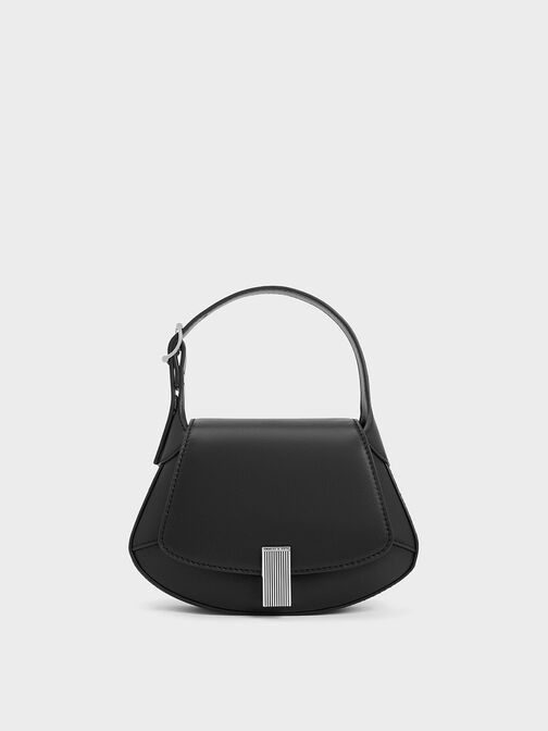 Metallic-Accent Curved Top Handle Bag, Black, hi-res