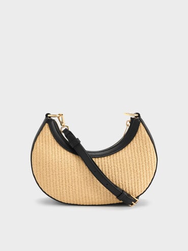Bolso hobo de cuero y rafia en forma de media luna, Rafia neutral, hi-res