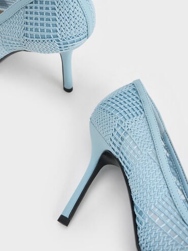 Zapatos tejidos de tacón con malla y punta estrecha, Azul, hi-res