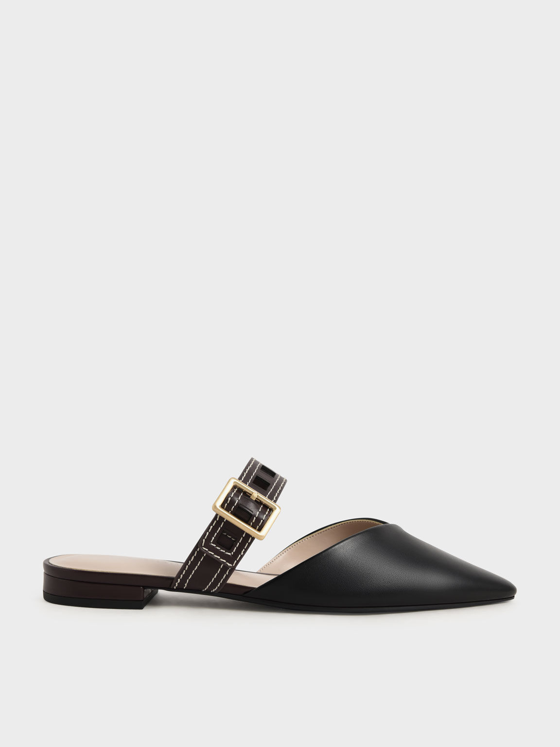 Cut-Out Strap Flat Mule Pumps, Black, hi-res