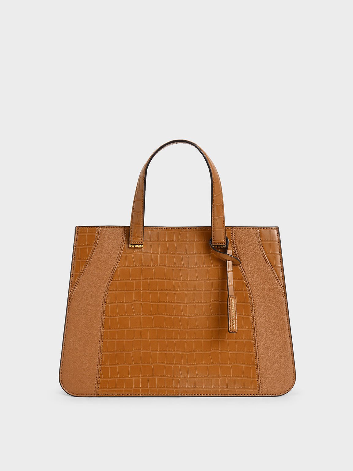 Croc-Effect Double Top Handle Tote Bag, Cognac, hi-res