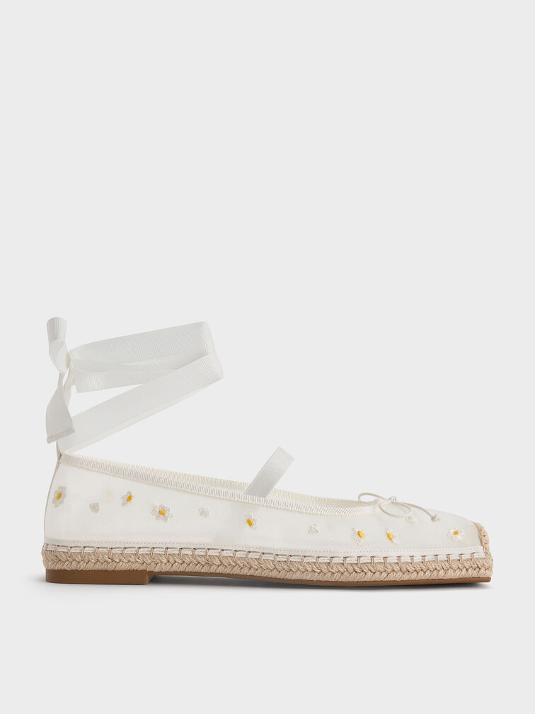 Mesh Floral-Embroidered Bow Tie-Around Espadrille Ballet Flats, Blanco, hi-res