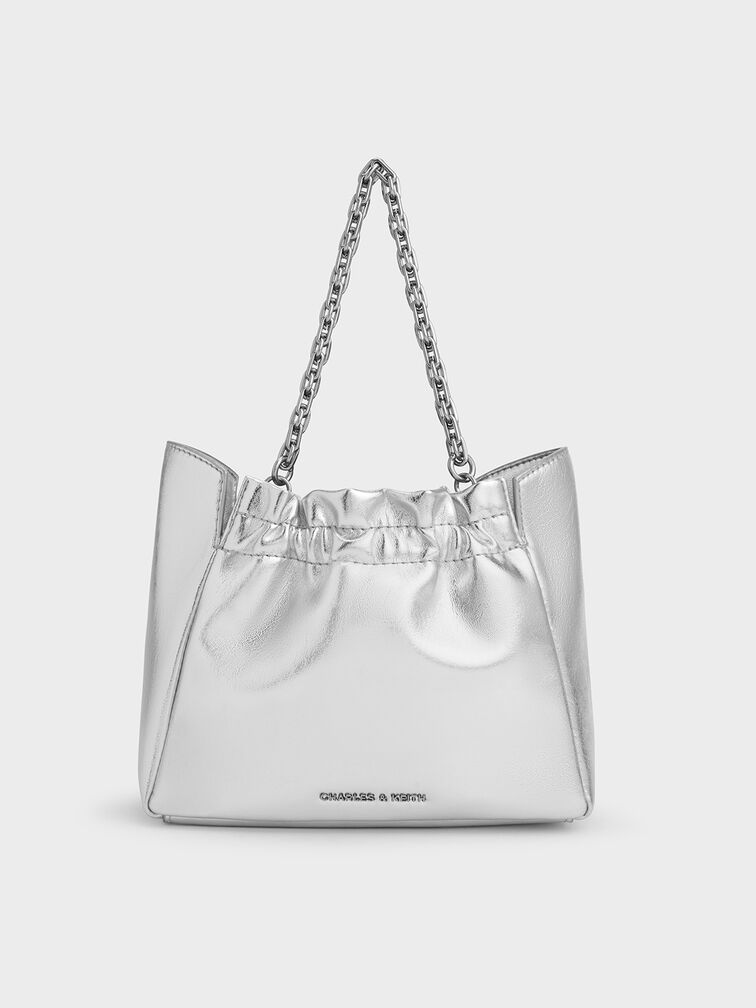 Bolso fruncido Brigette con asa de cadena y purpurina, Plateado, hi-res