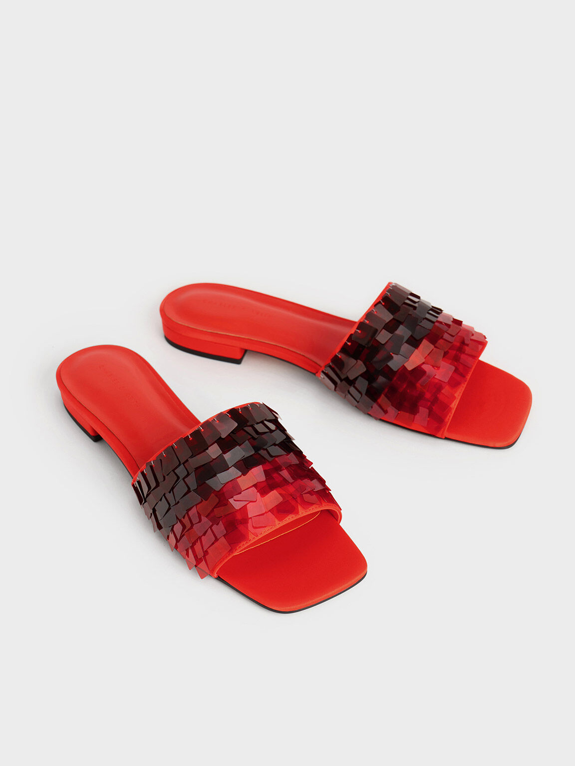 Sequinned Satin Slide Sandals, Red, hi-res