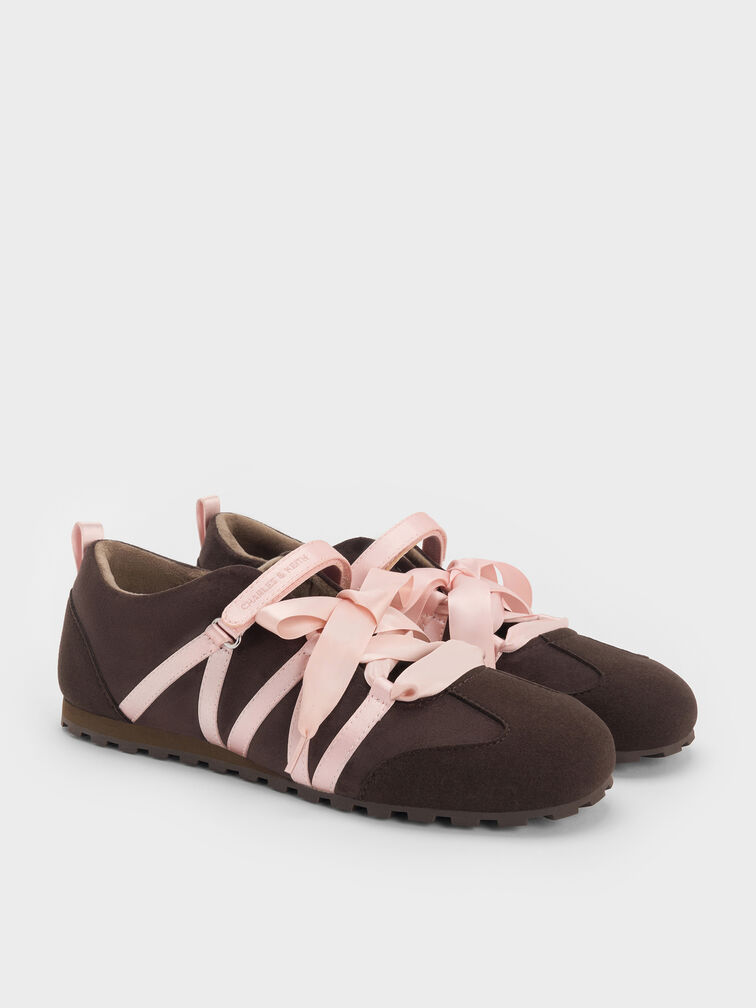 Silko Faux Suede Satin-Lace Ballet Sneakers, Dark Brown Textured, hi-res