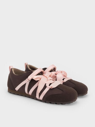 Silko Faux Suede Satin-Lace Ballet Sneakers, Dark Brown Textured, hi-res