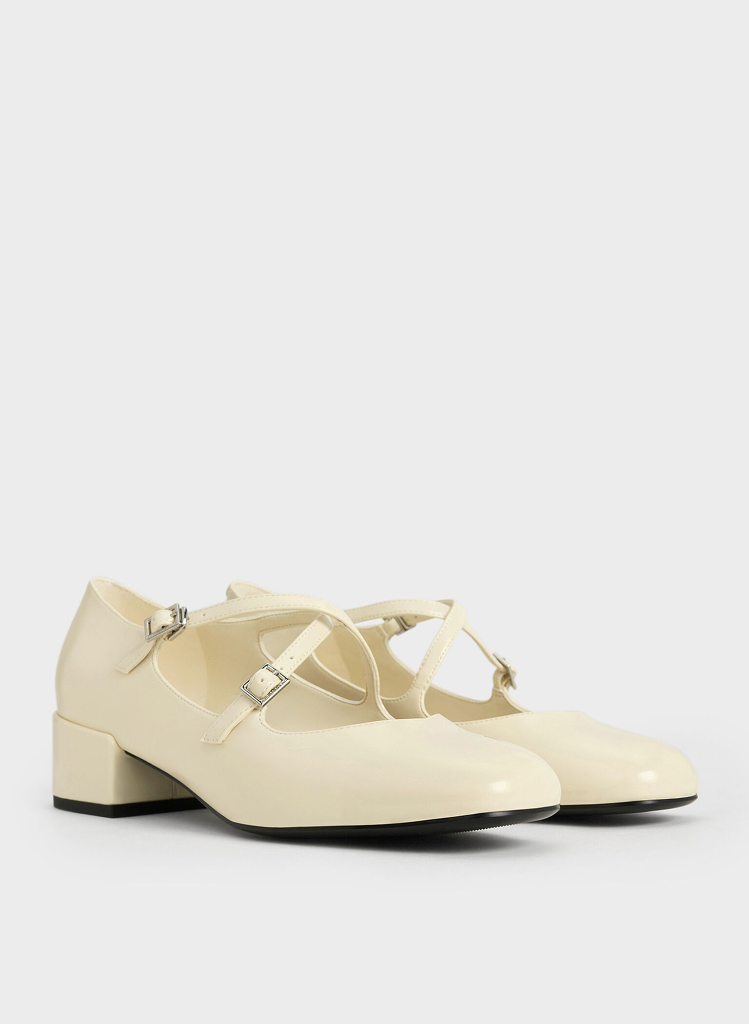 Patent Crossover-Strap Block-Heel Mary Janes, Chalk, hi-res